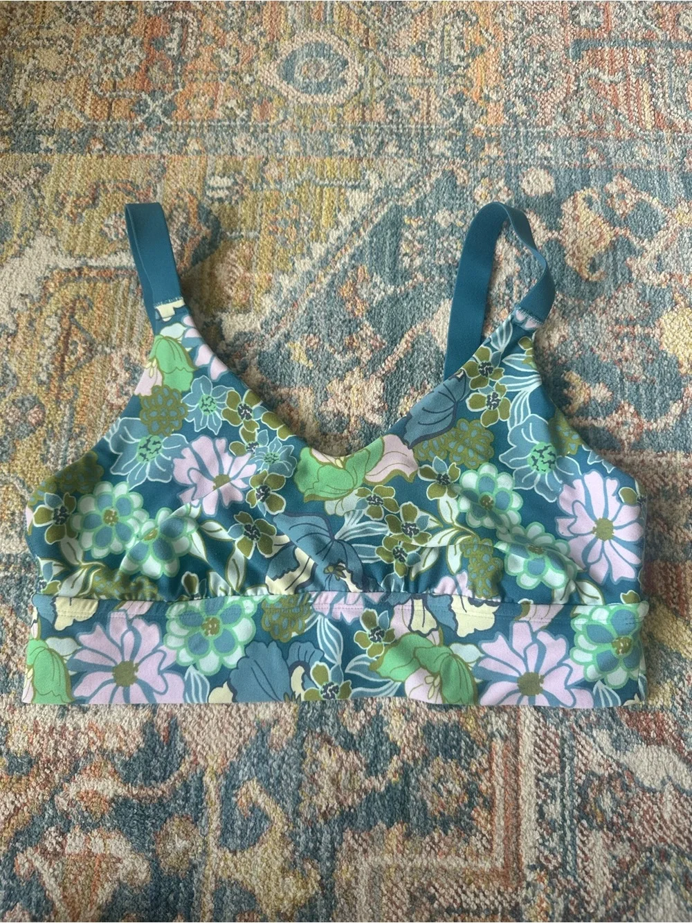 aerie Floral Scoop Bralette in Teal with Pink and Green